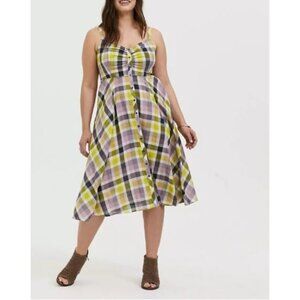Torrid Dress Womens 3X Multi Plaid Challis Button Front Midi Smocked Boho Preppy